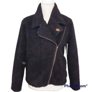 OBEY No89 Trendy Soft black diagonal zipper artic sherpa fleece moto jacket